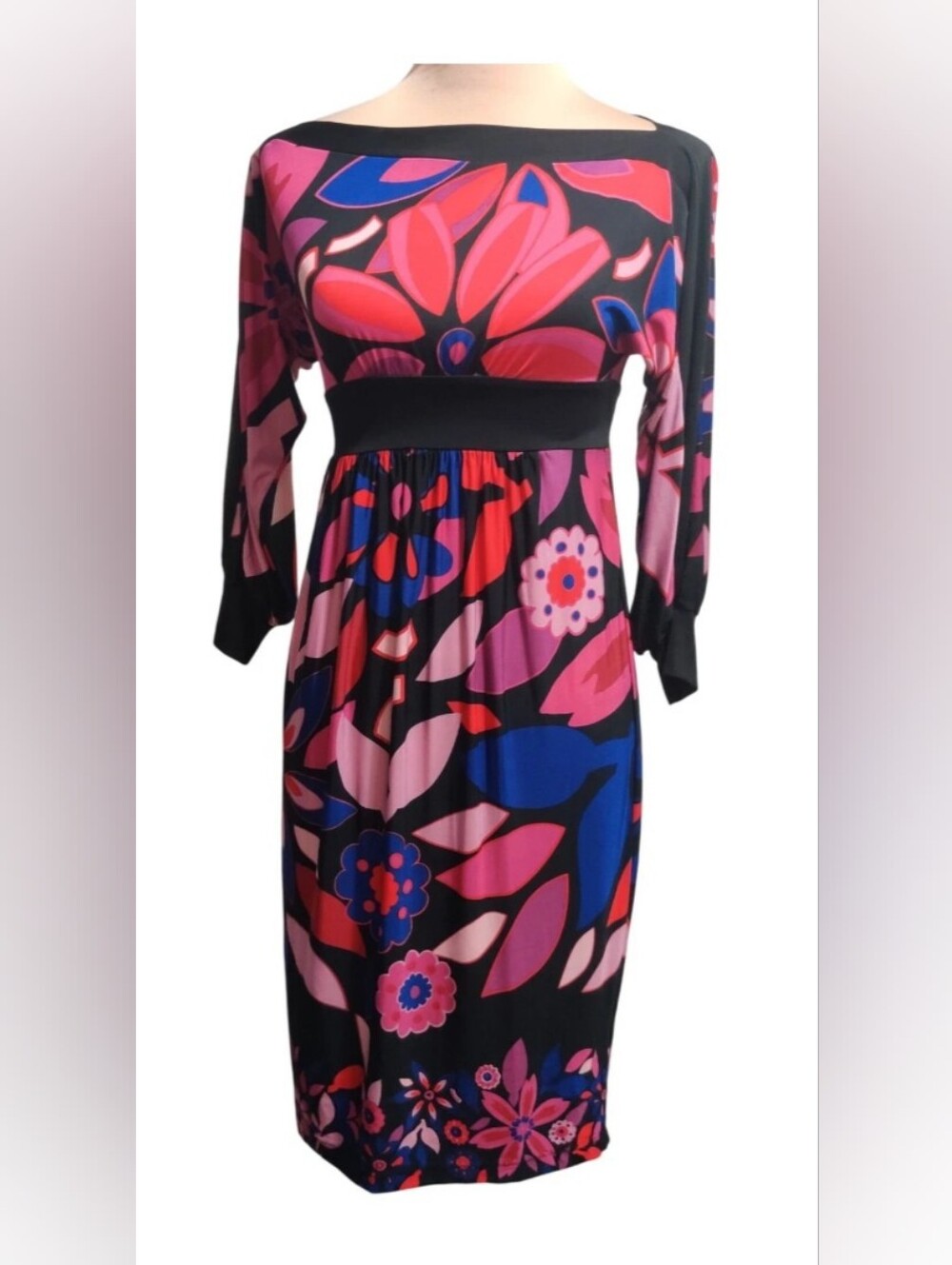 Olian Floral Print Midi Dress Maternity Long Sleeve  Retro Colors Sz Small NWT
